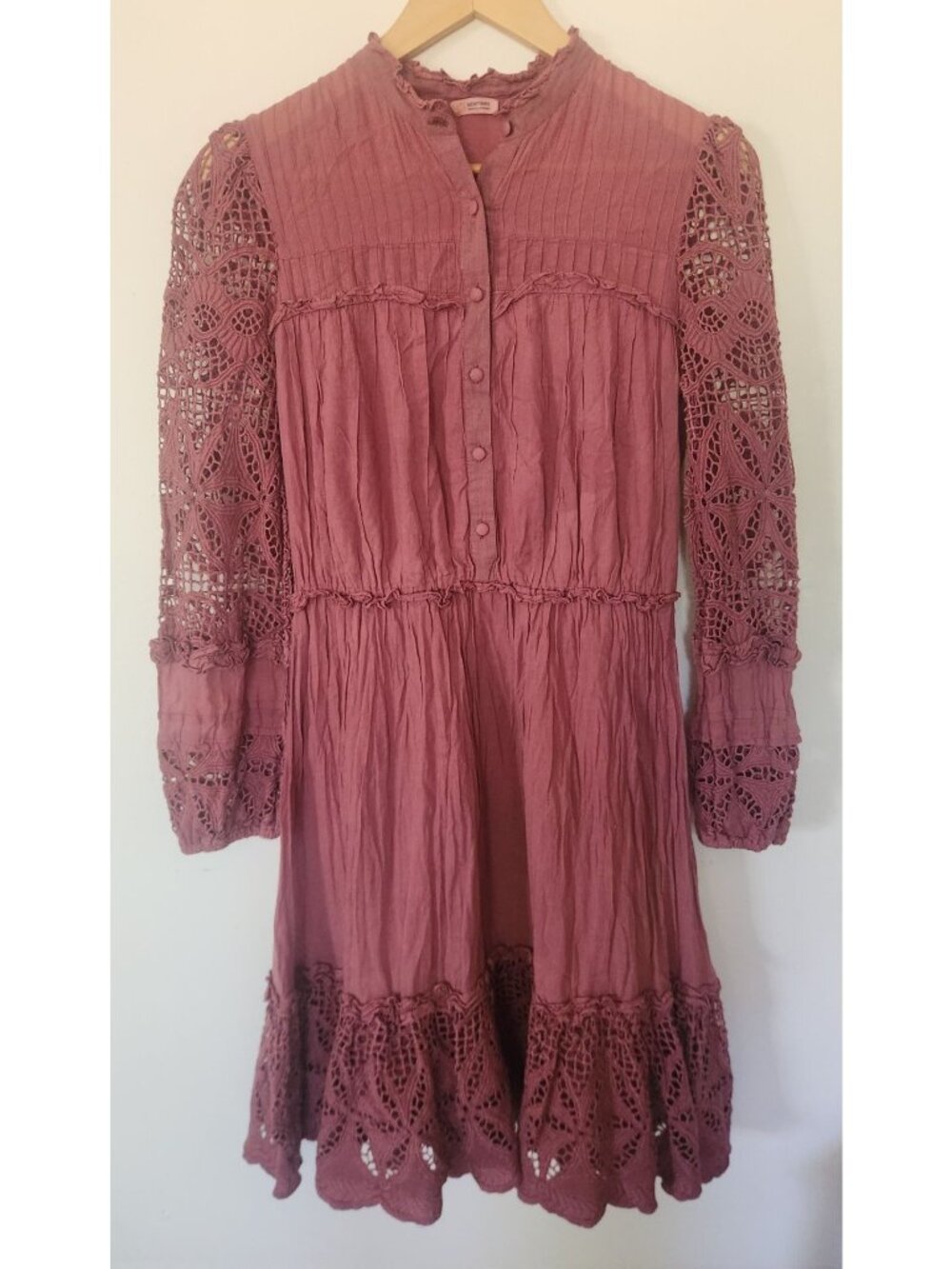 NEWTIMES Women's Sz. S Dark Blush Crochet Sleeves Midi Dress